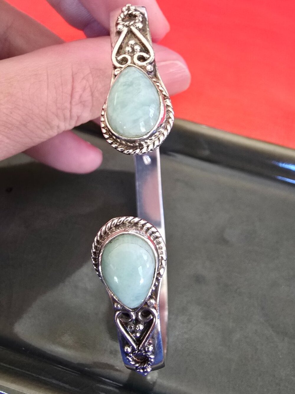 925 Sterling Silver Amazonite Cuff Bangle Bracelet | Boho Artisan - Picture 3 of 13